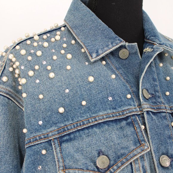 Grlfrnd Eve Cosmic Ray Blue Denim Pearl Embellished Cropped Jean Jacket XS Small - Picture 3 of 10